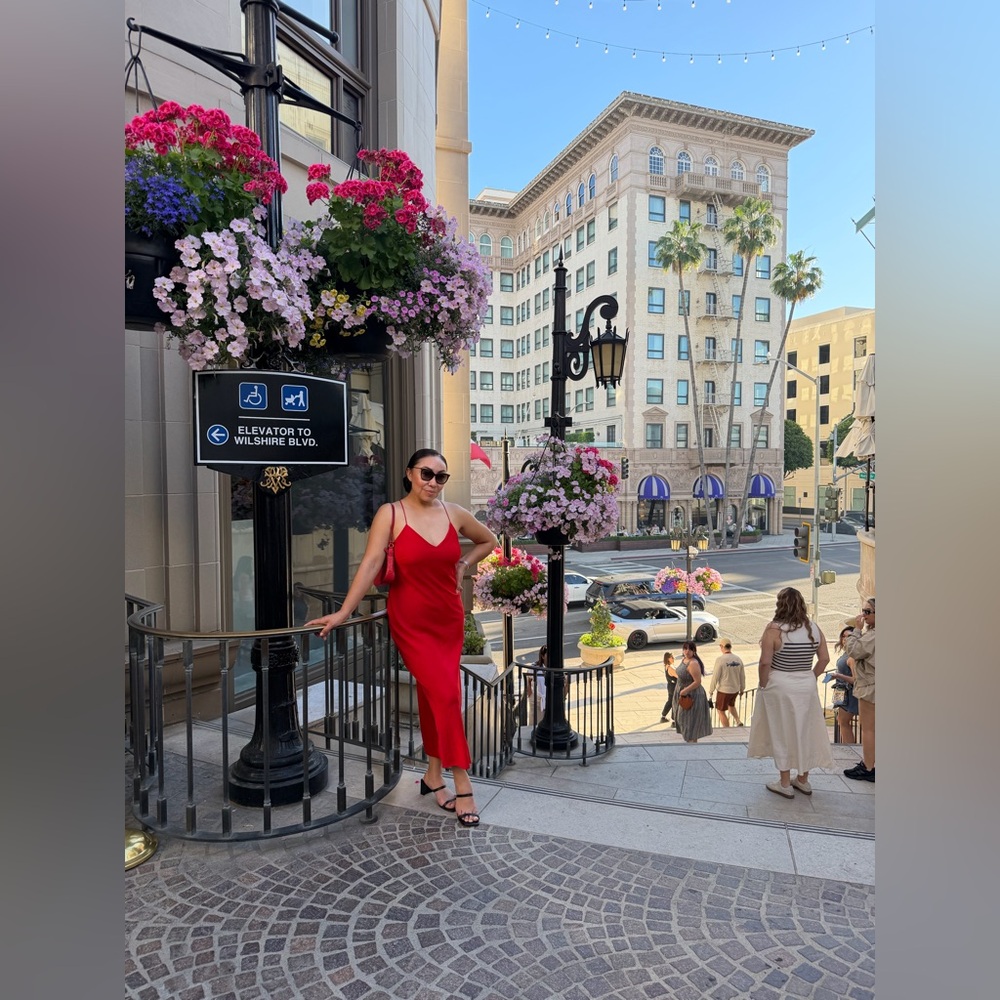 Fabletics Red Slip Midi Dress with Spaghetti Straps